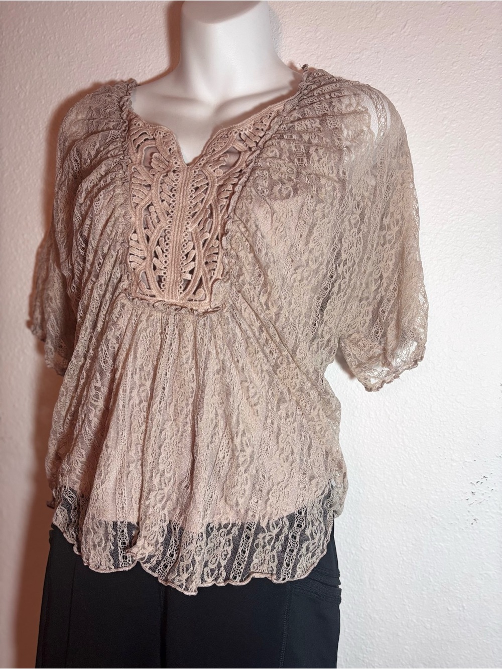 VENUS Taupe Lace Peasant Blouse